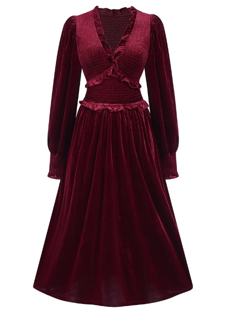 Wine Red 1940s Long Sleeves Velvet Ruched Dress